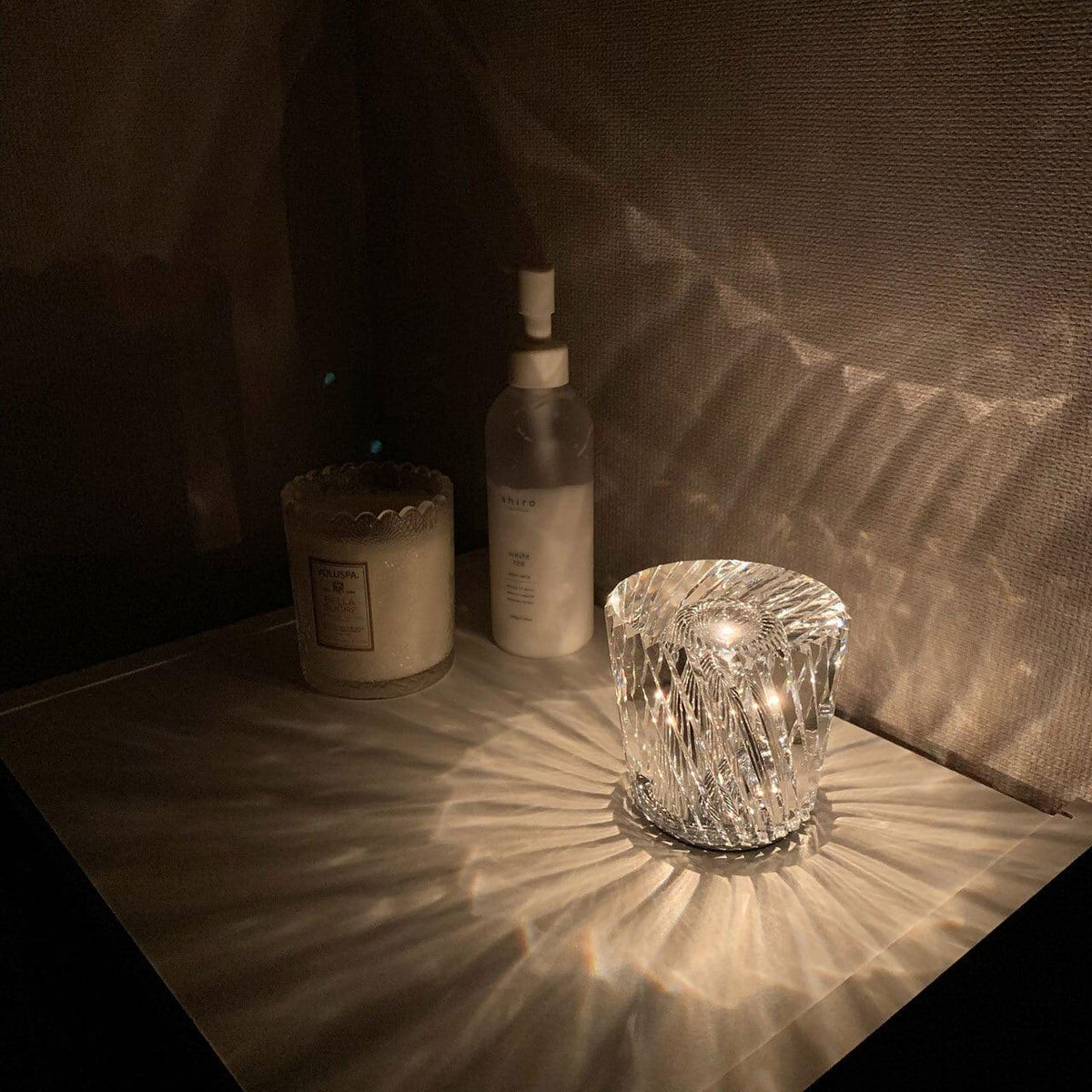 Mini faceted crystal glass table lamp with warm ambient glow 8