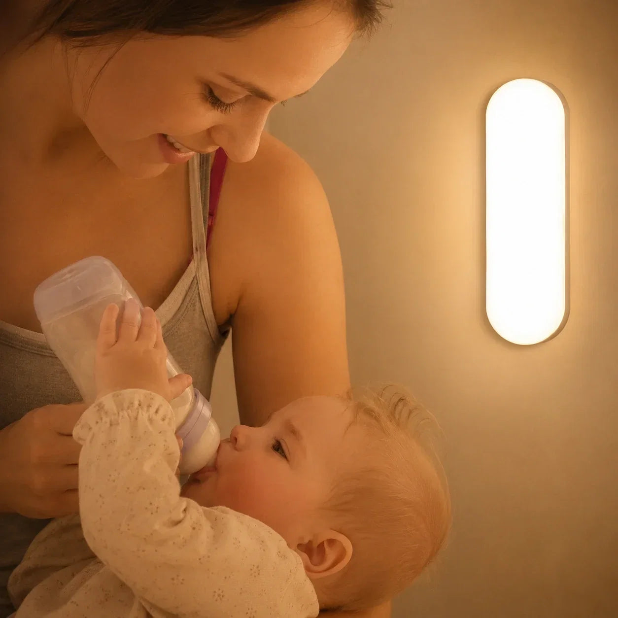 A mother bottle-feeding her baby in a nursery, illuminated by the warm glow of a rechargeable oval LED wall light mounted on the wall.