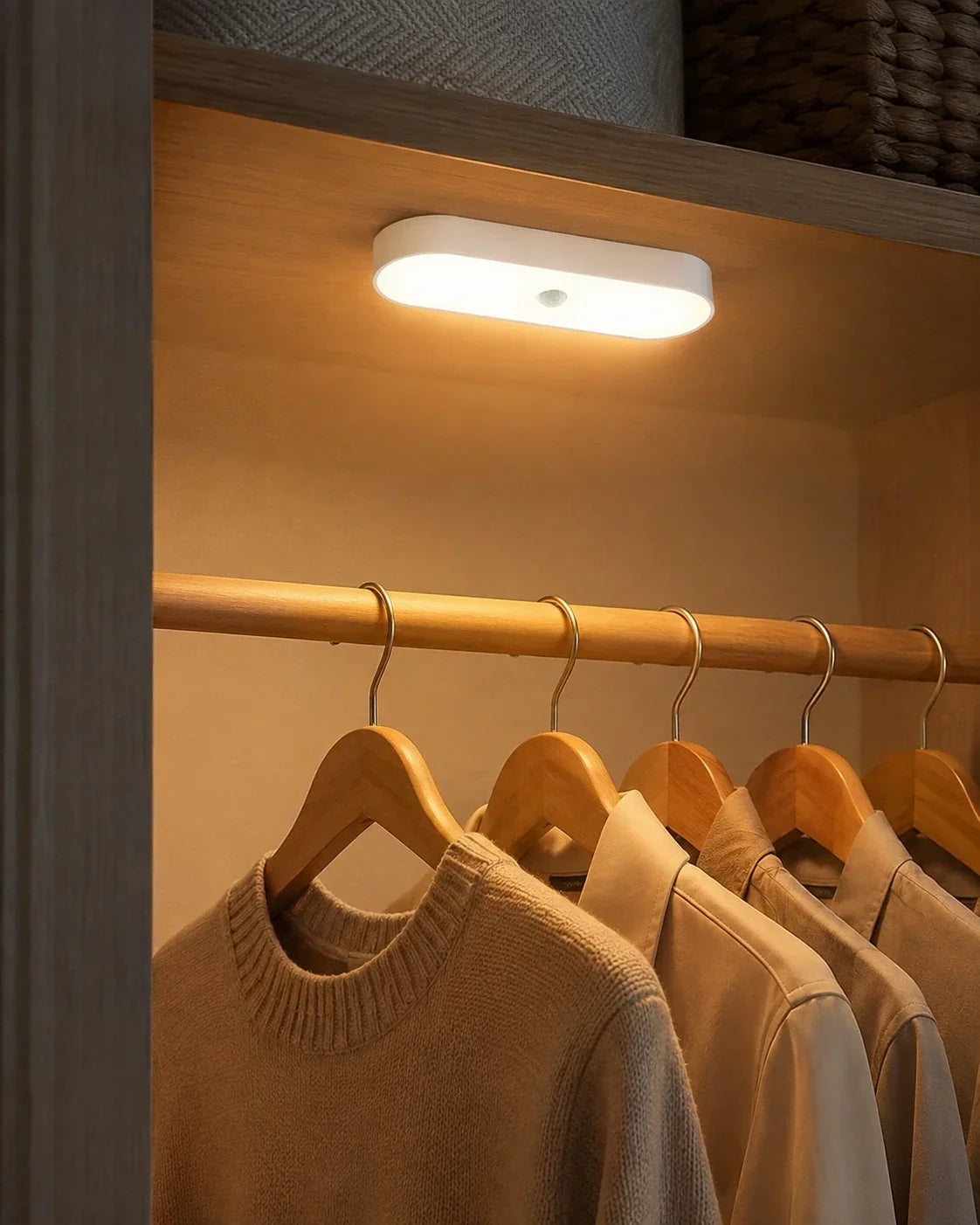 A rechargeable motion sensor LED wall light mounted inside a wooden wardrobe, casting a warm glow over clothes hanging on a rail.