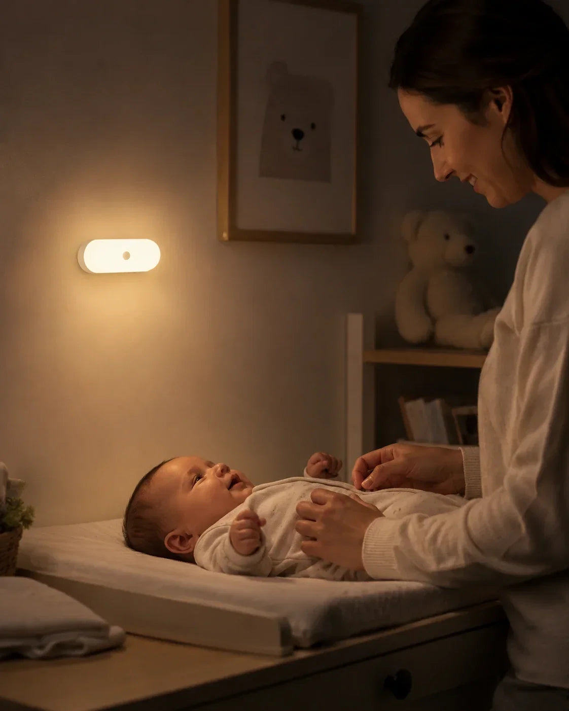 A mother gently tending to her baby on a changing table at night, illuminated by a soft, warm glow from a rechargeable motion sensor LED wall light.