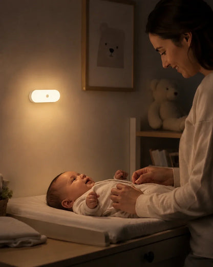 A mother gently tending to her baby on a changing table at night, illuminated by a soft, warm glow from a rechargeable motion sensor LED wall light.