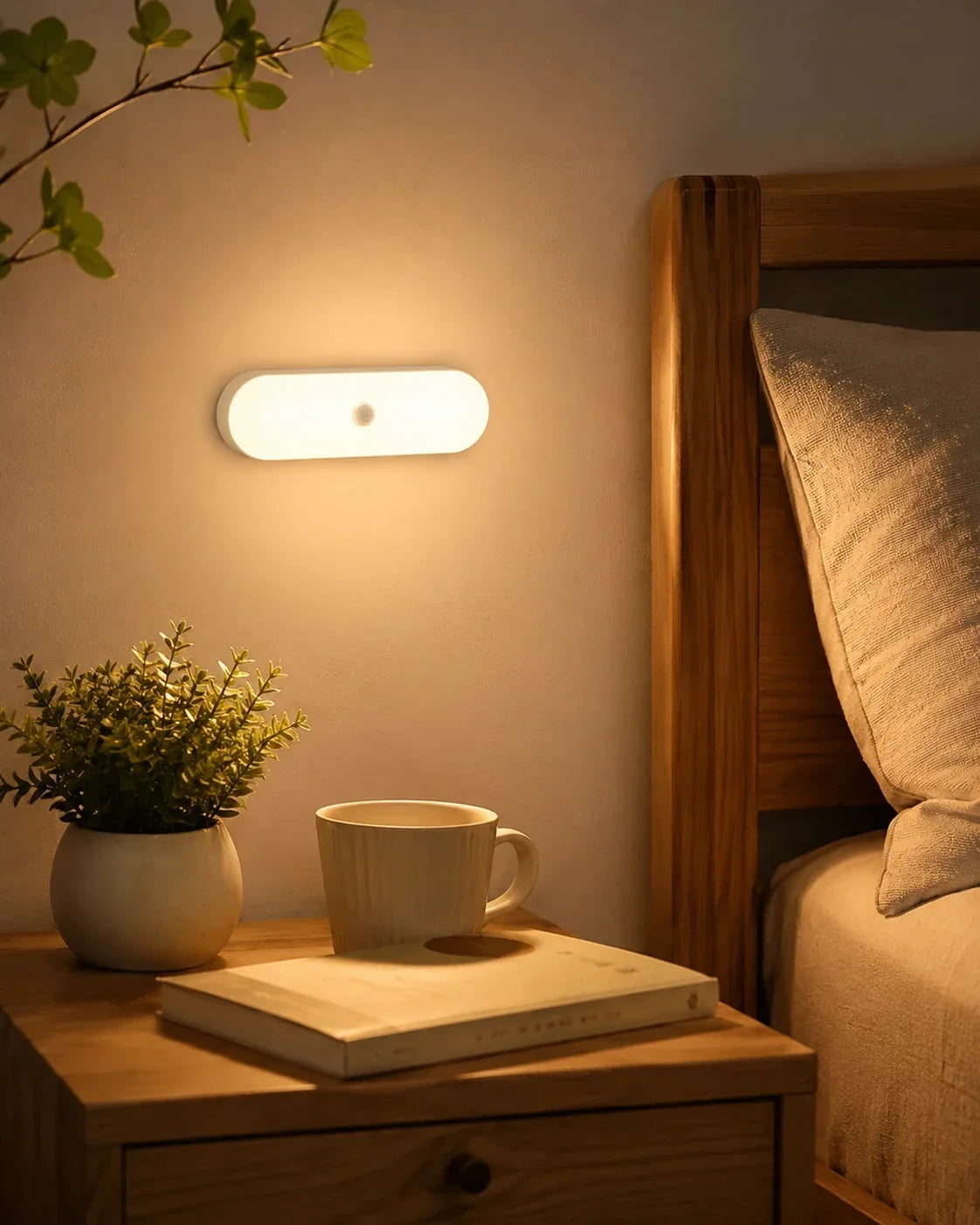 A rechargeable motion sensor LED wall light emitting a warm glow above a bedside table with a book, a mug, and a small potted plant in a bedroom.