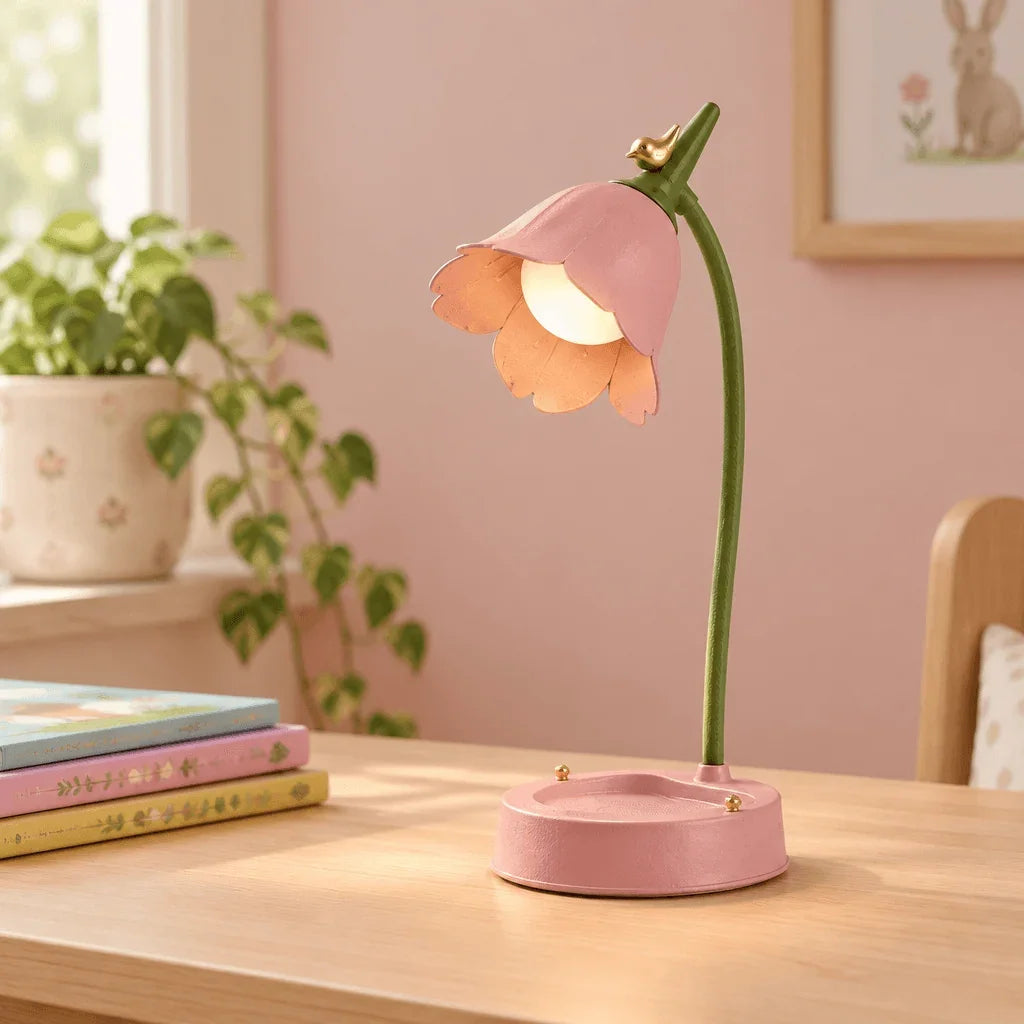 Pink flower desk lamp with curved green stem and bird accent