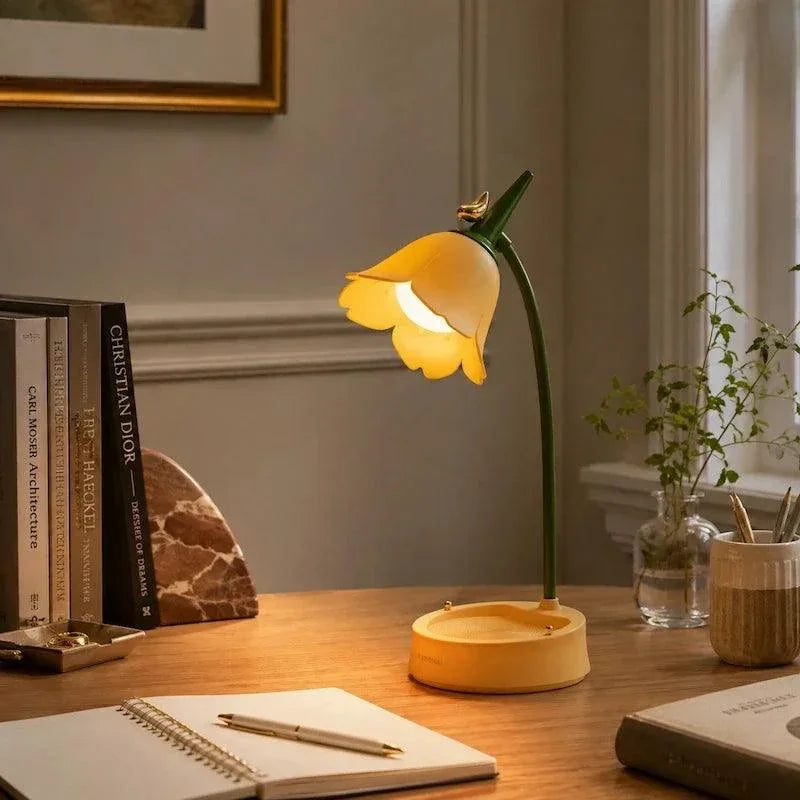 Yellow flower lamp on a writing desk