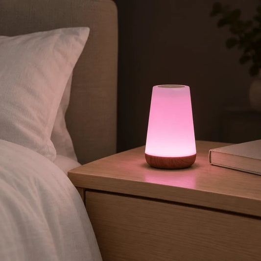 Pink colour-changing night light on a bedside table