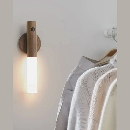 Magnetic motion sensor light beside hanging clothes