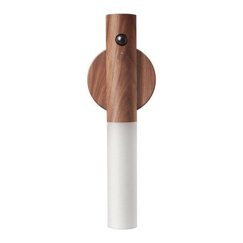 Dark brown wood-look wall light on white background