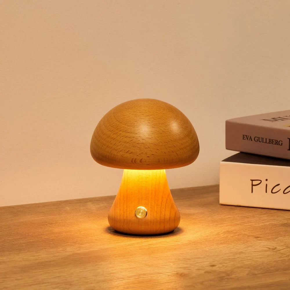 Rechargeable Wooden Mushroom Table Lamp