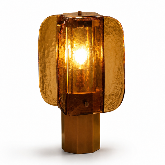 Rectangular amber glass table lamp with copper finish