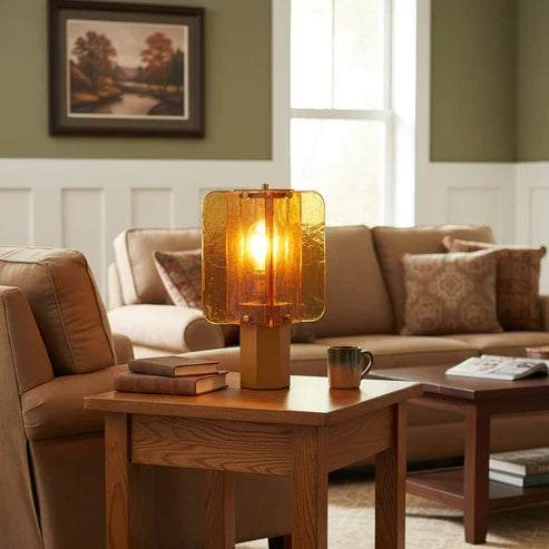 Rectangular glass table lamp in a living room