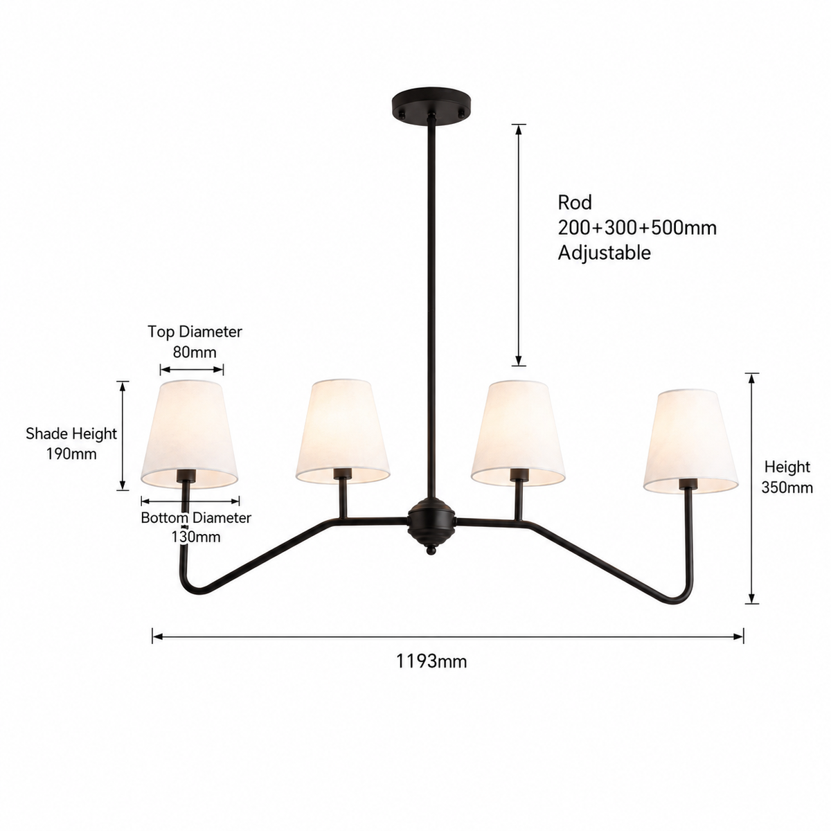 Black 4-light retro industrial chandelier dimensions and adjustable rod