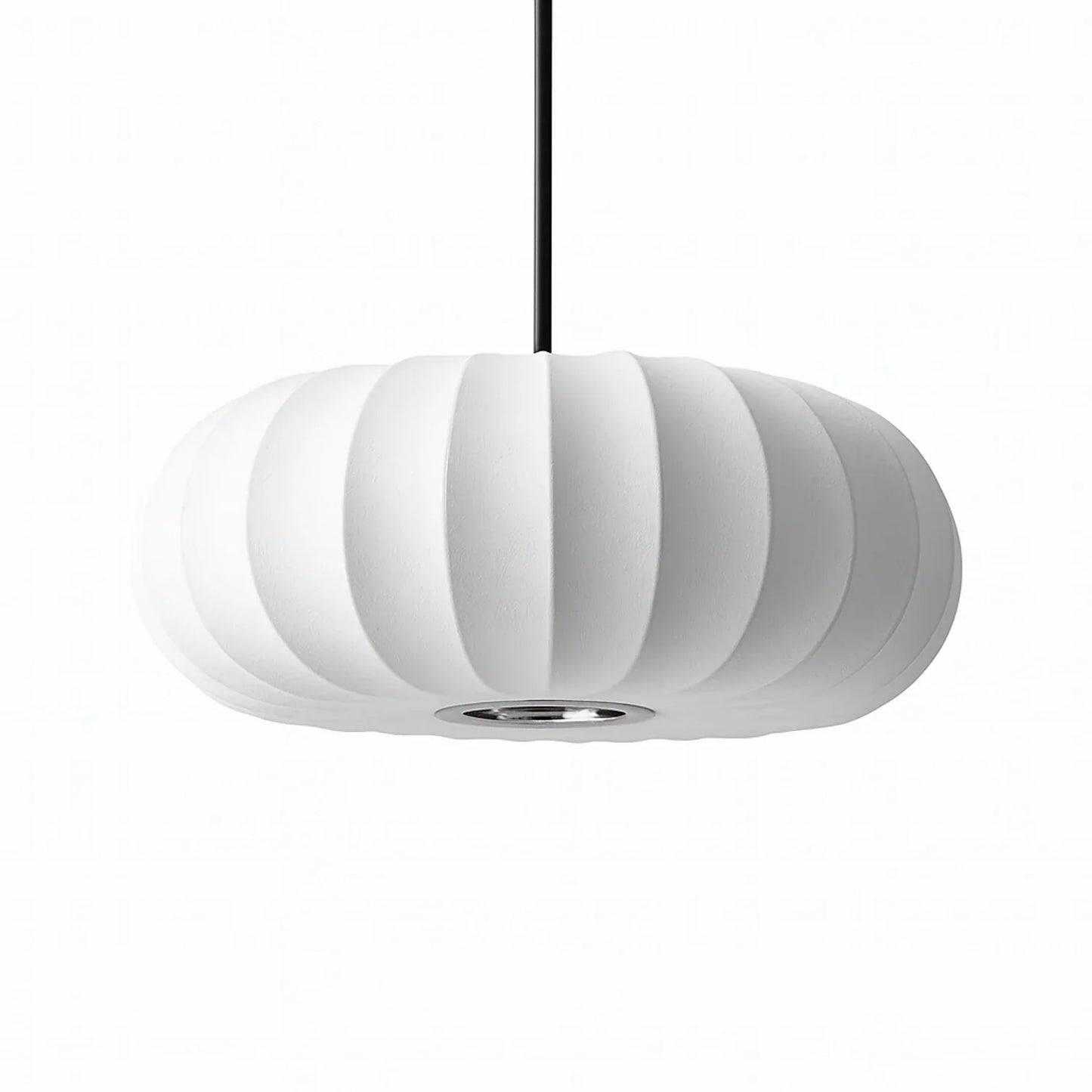 A retro silk pumpkin pendant light in white, featuring a ribbed design and hanging from a black cord against a plain white background.