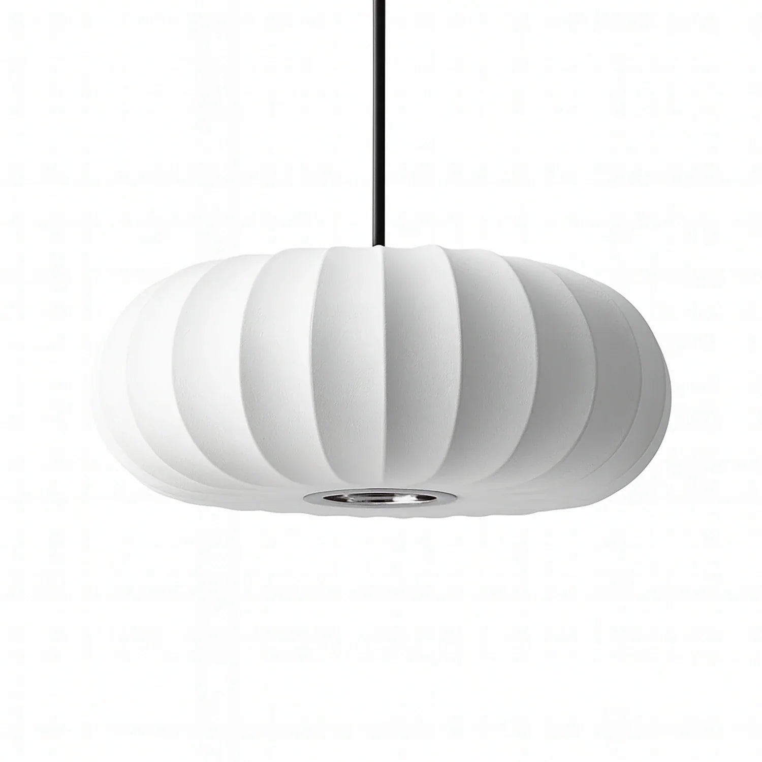 A retro silk pumpkin pendant light in white, featuring a ribbed design and hanging from a black cord against a plain white background.