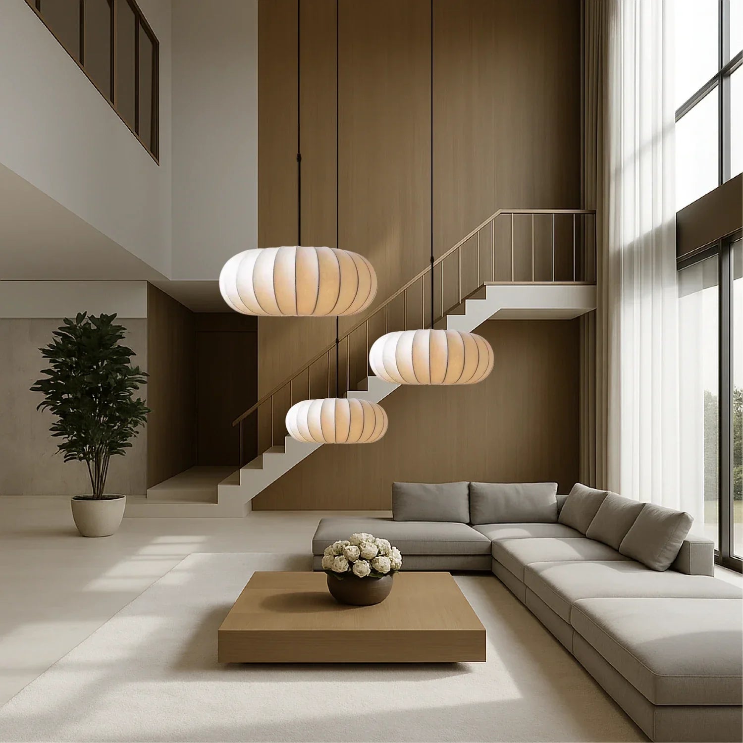 Three retro silk pumpkin pendant lights hanging at different heights in a modern, minimalist living room with a large sofa and wooden coffee table.