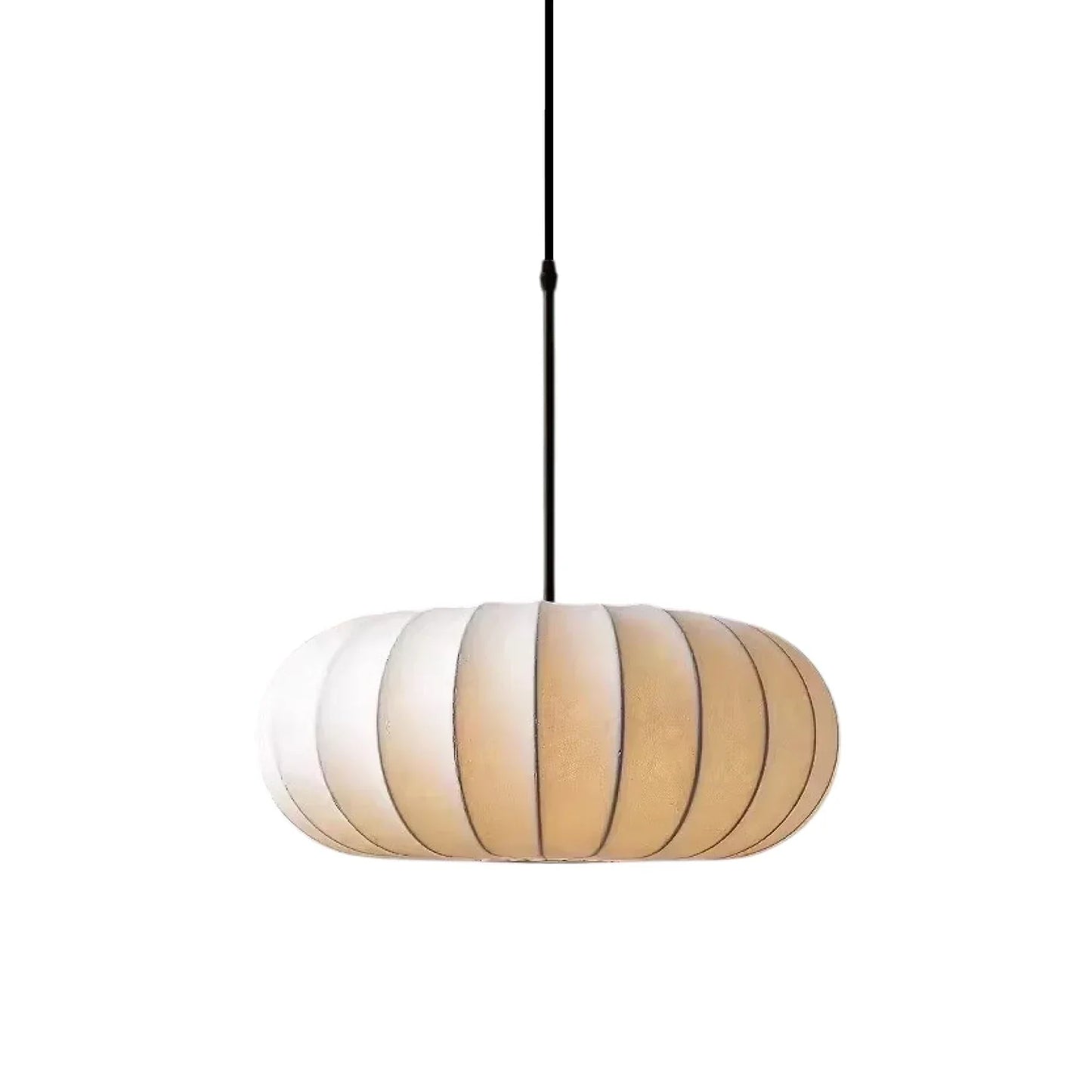 A retro pumpkin-shaped pendant light featuring a ribbed cream silk fabric shade, suspended from a black cord against a plain white background.