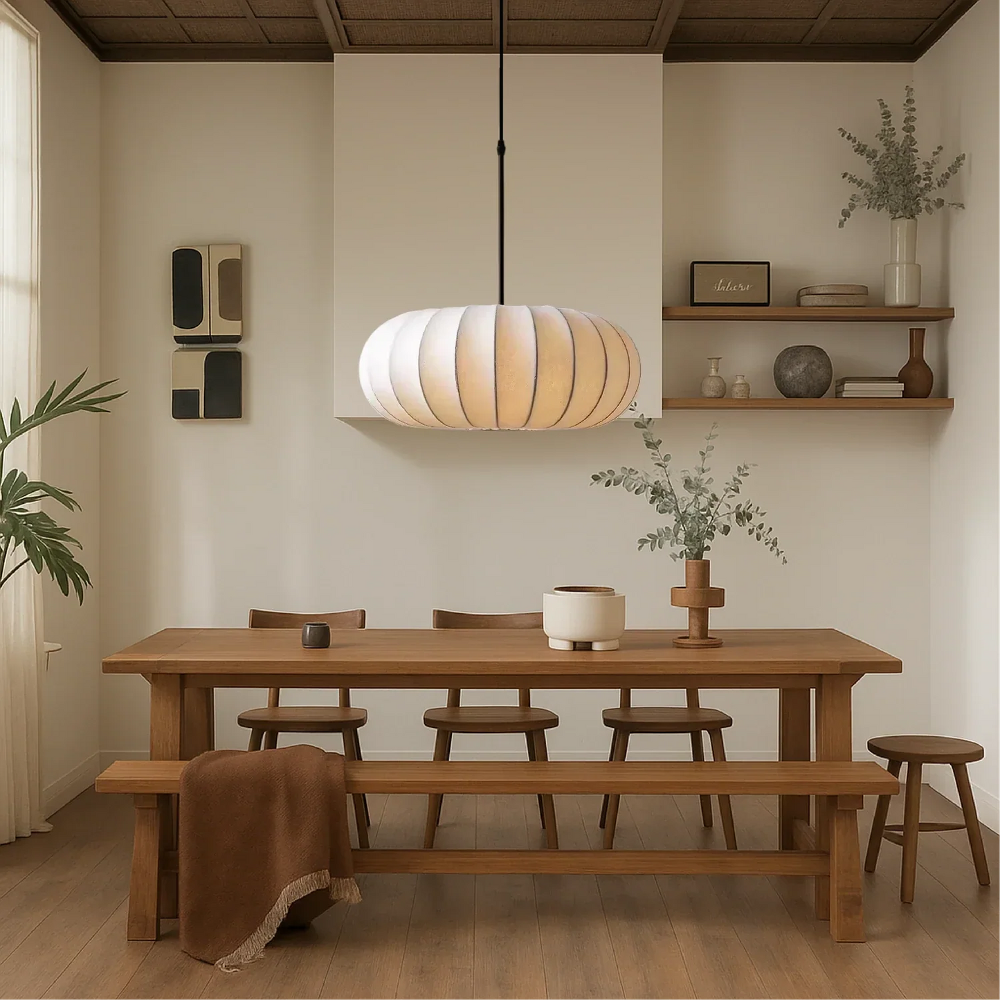 A retro silk pumpkin pendant light in cream hangs above a wooden dining table and bench in a warm, minimalist dining room setting.