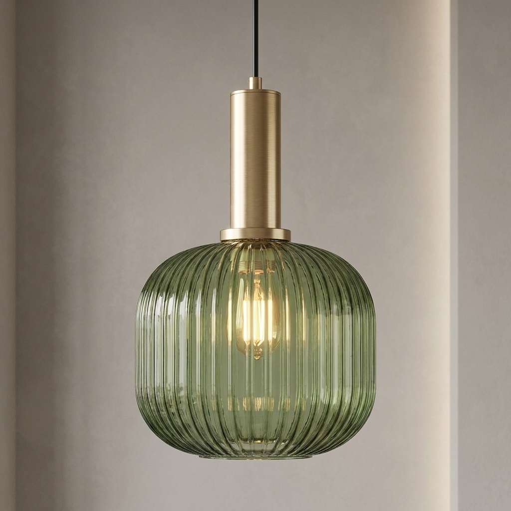 Barrel ribbed glass pendant light with brass detail and sage glass