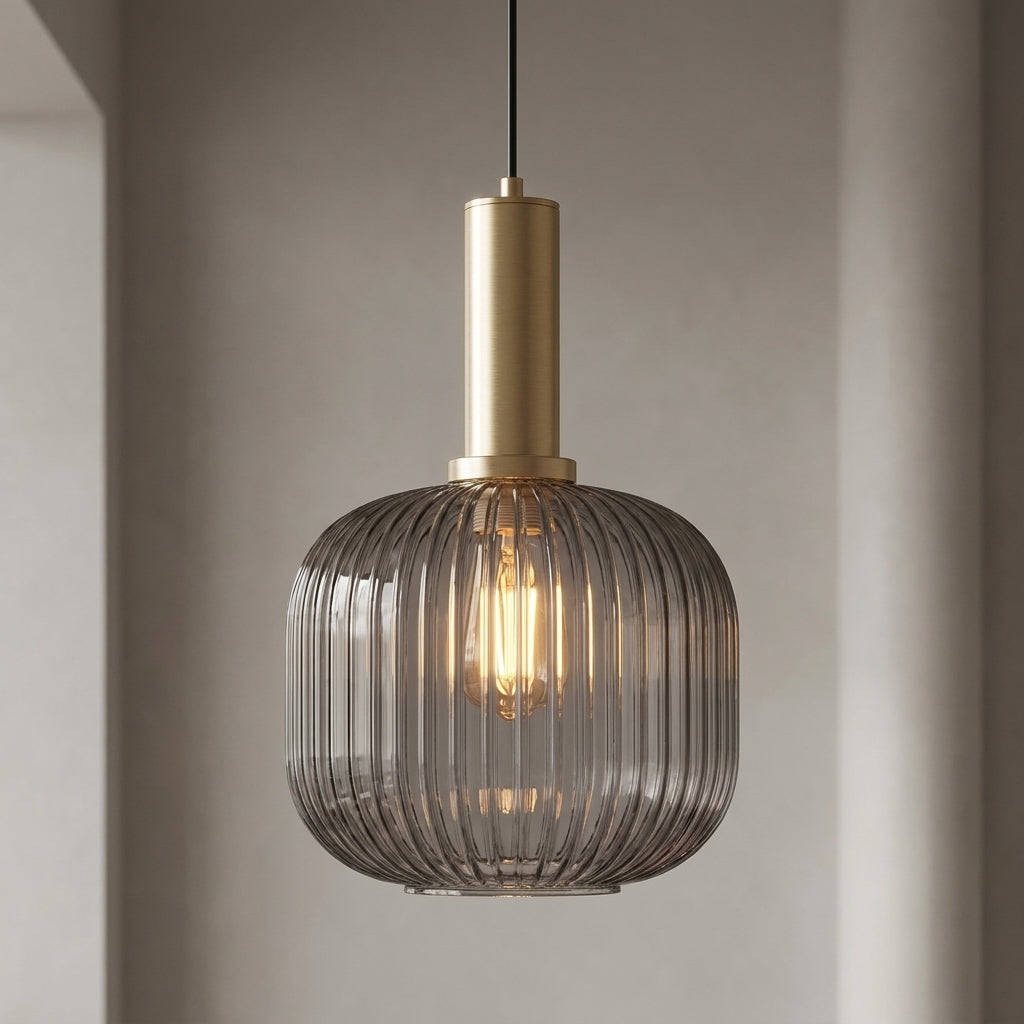 Barrel ribbed glass pendant light with brass detail and smoke glass