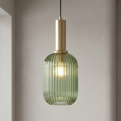 Capsule ribbed glass pendant light with brass detail and sage glass