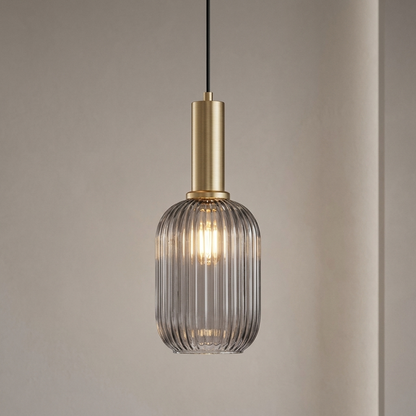 Capsule ribbed glass pendant light with brass detail and smoke glass