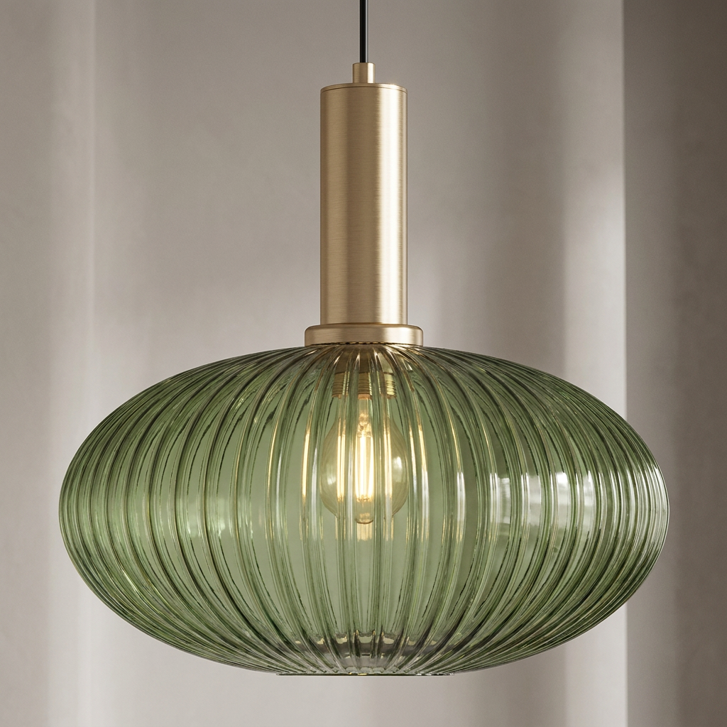 Oval ribbed glass pendant light with brass detail and sage glass