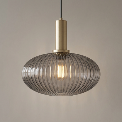 Oval ribbed glass pendant light with brass detail and smoke glass