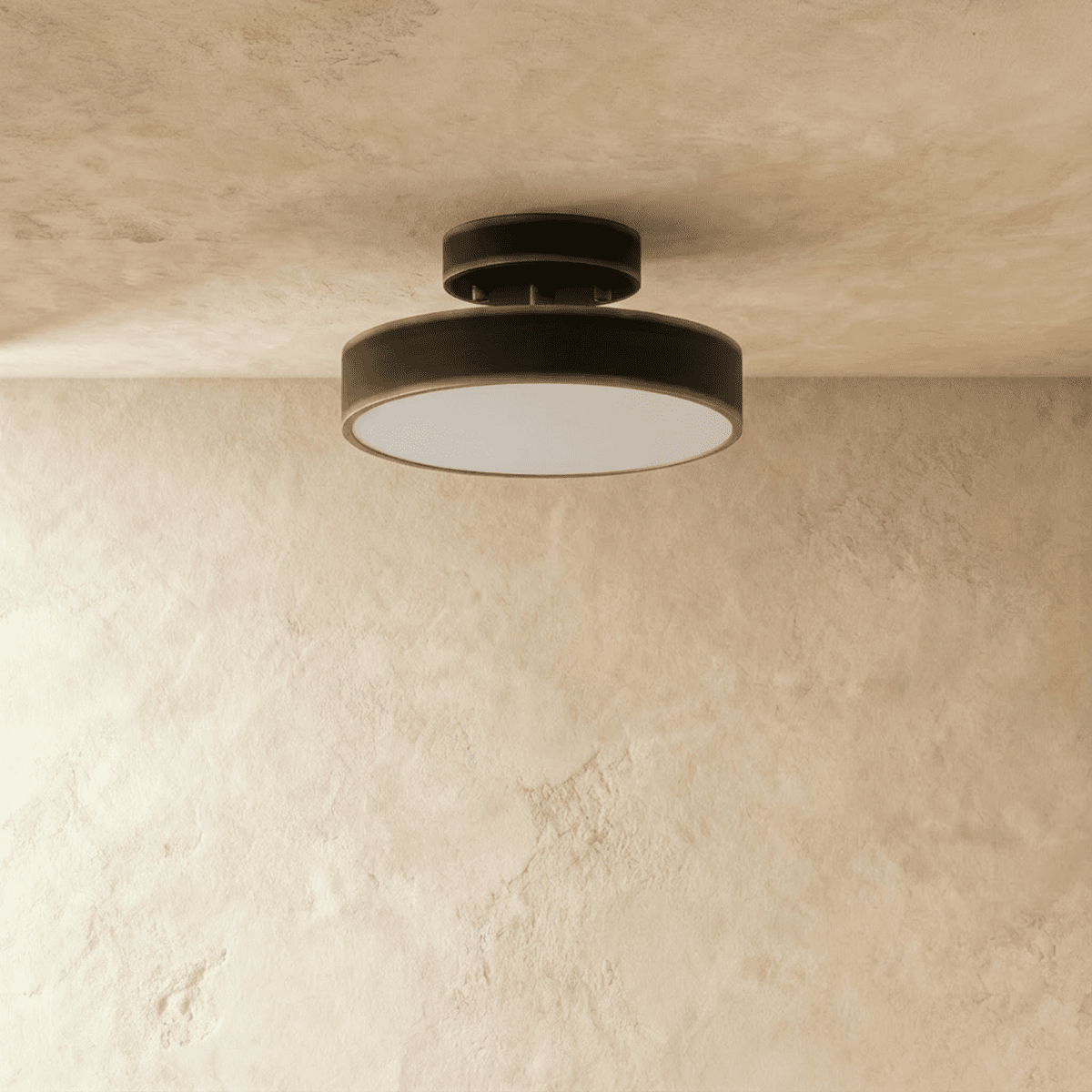Black iron ceiling light with a round diffuser