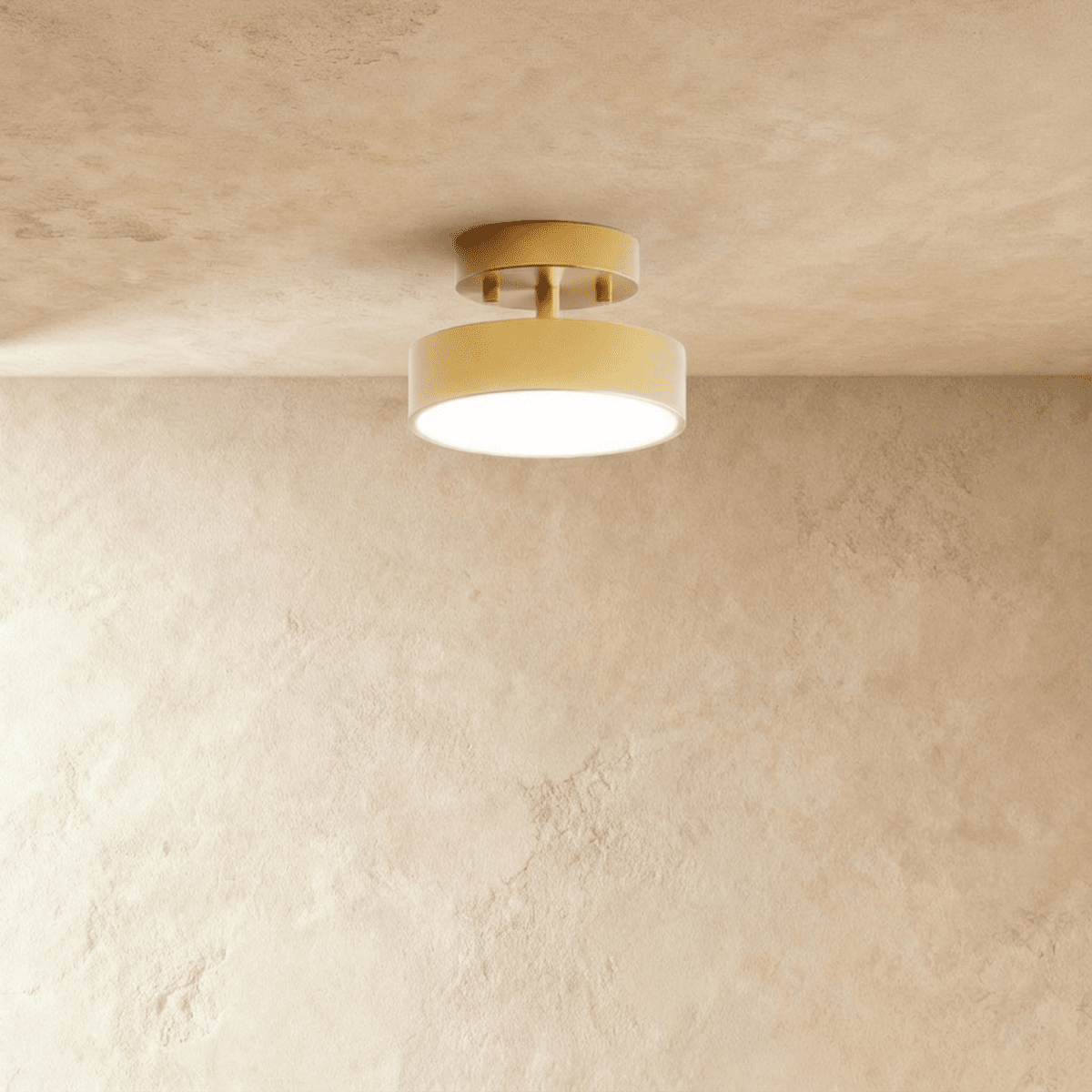 Small copper-coloured iron semi-flush ceiling light illuminated