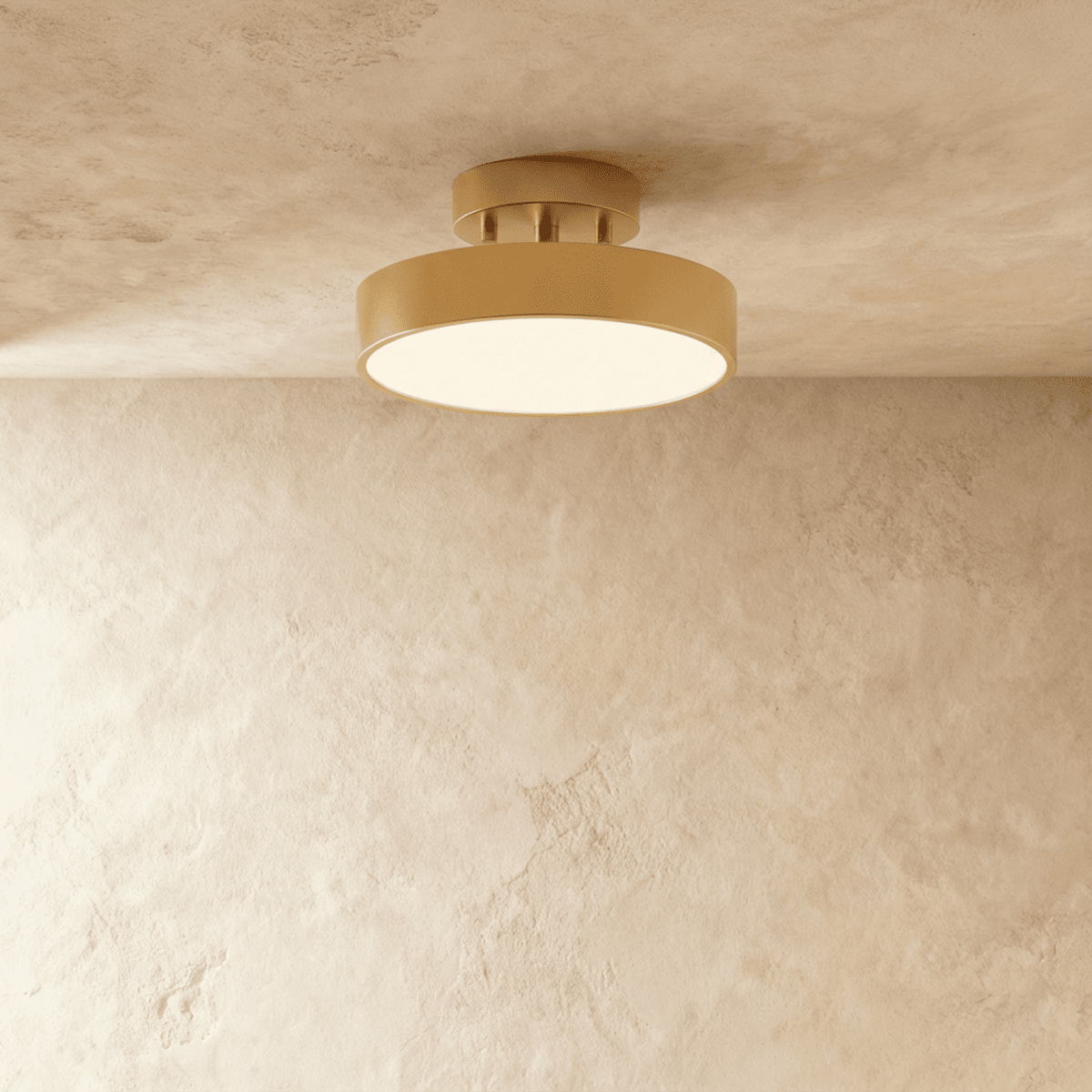 Medium copper-coloured iron ceiling light illuminated