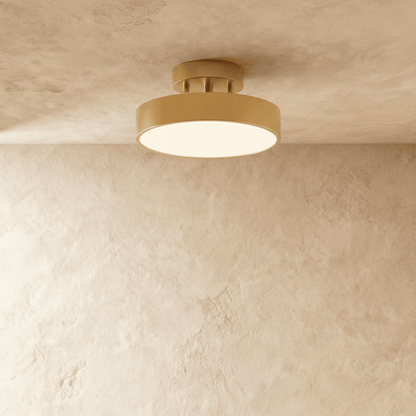Medium copper-coloured iron ceiling light illuminated