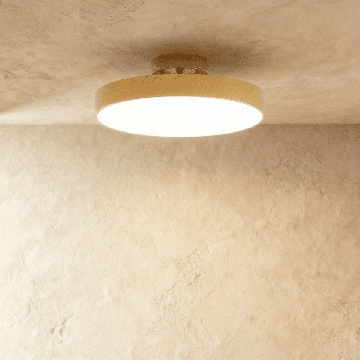 Large copper-coloured iron ceiling light illuminated