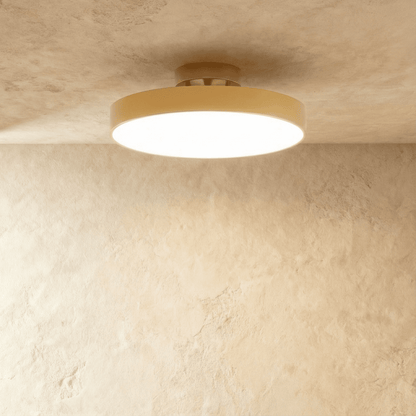 Large copper-coloured iron ceiling light illuminated