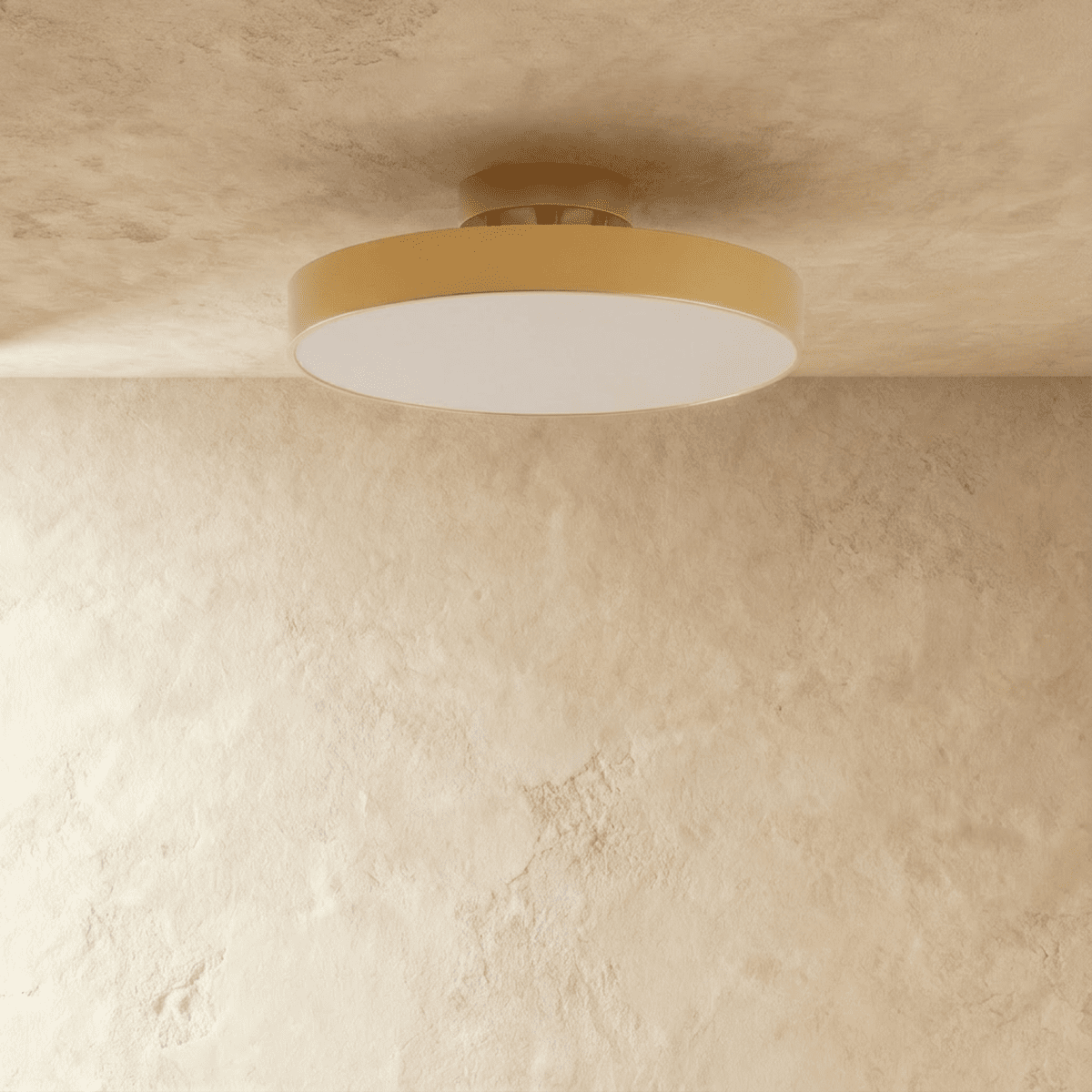 Large copper-coloured iron ceiling light switched off
