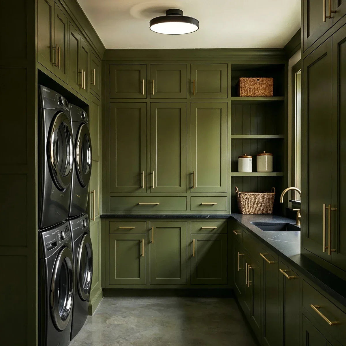 Black round iron ceiling light in a utility room