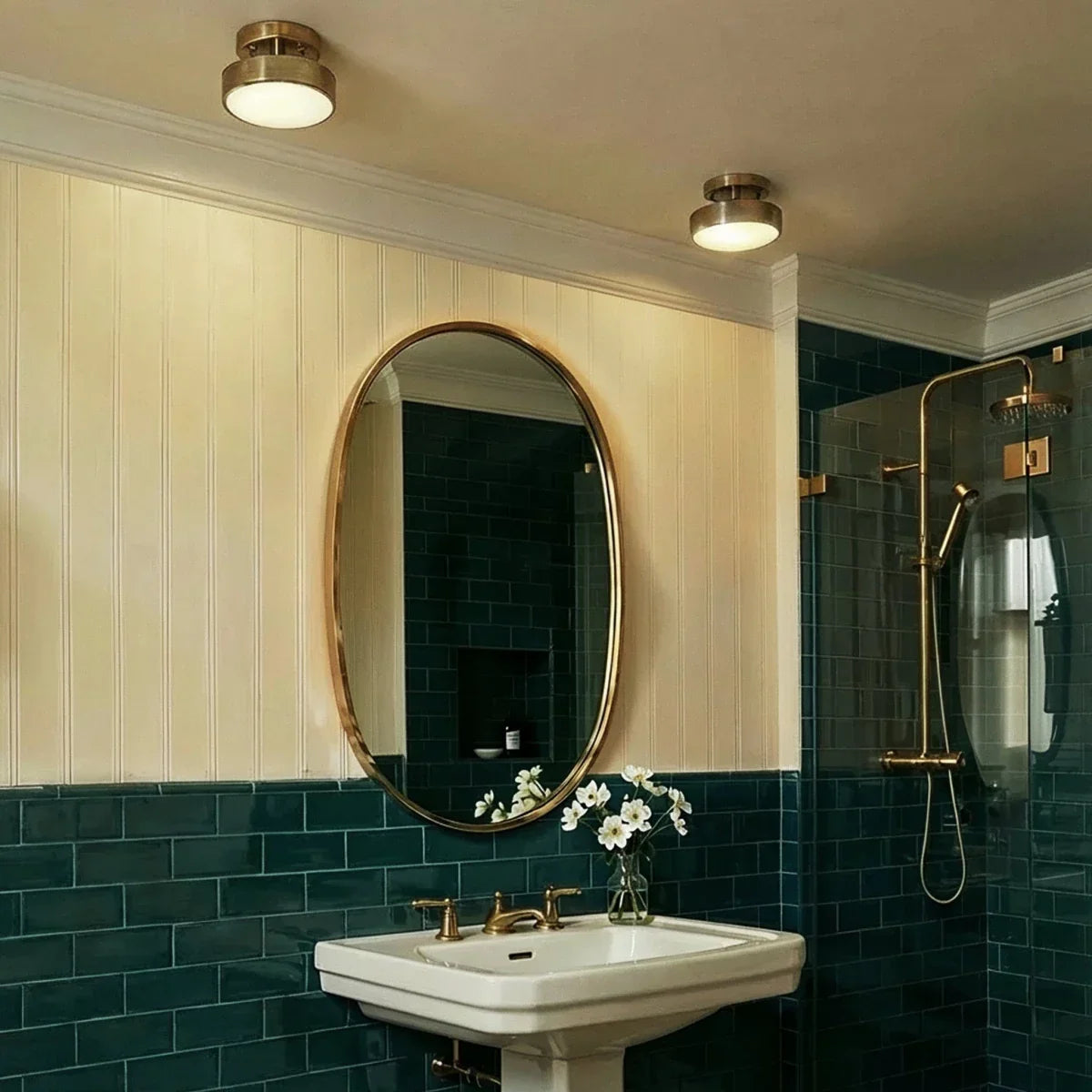 Copper-coloured ceiling lights in a bathroom setting
