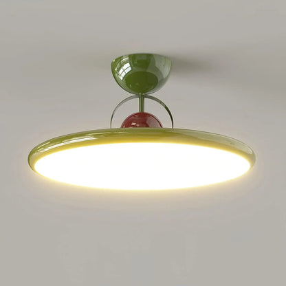 Green disc-shade LED ceiling light viewed from below
