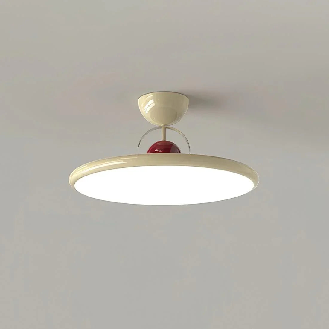 Beige round LED semi-flush ceiling light against a plain background