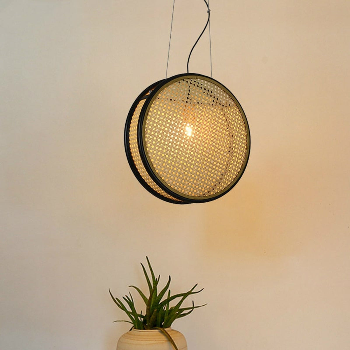 Round Rattan Pendant Light with Black Rim