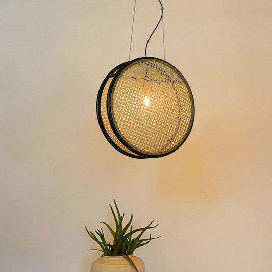 Round Rattan Pendant Light with Black Rim