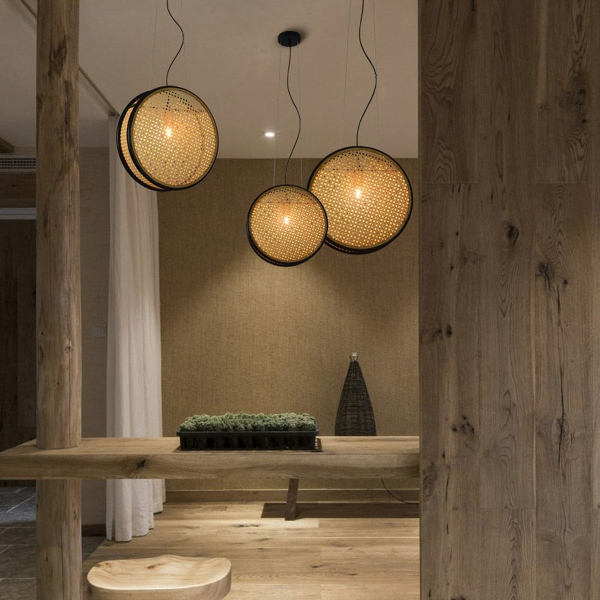 Round Rattan Pendant Light with Black Rim