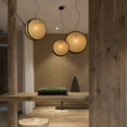 Round Rattan Pendant Light with Black Rim