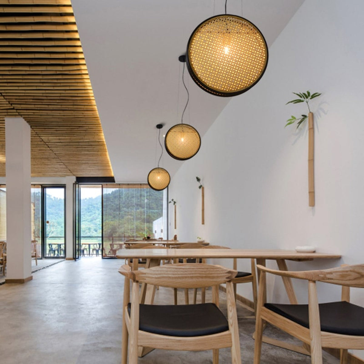 Round Rattan Pendant Light with Black Rim