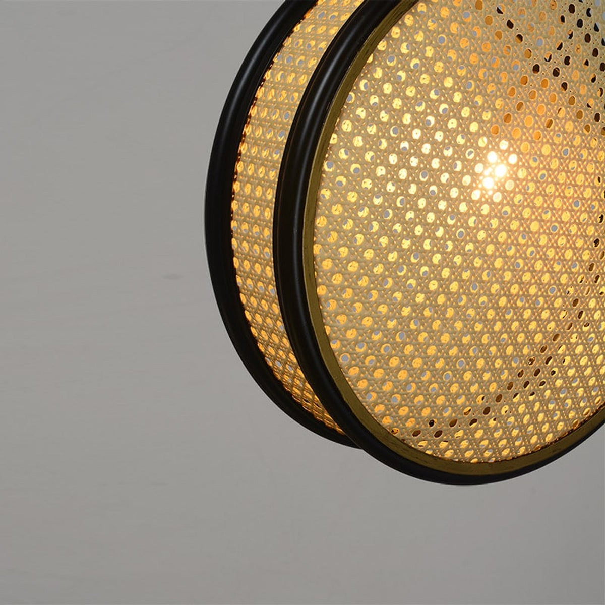 Round Rattan Pendant Light with Black Rim