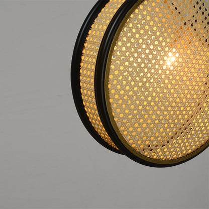 Round Rattan Pendant Light with Black Rim