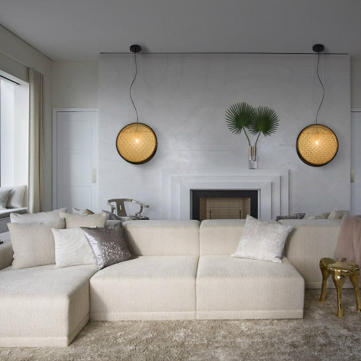 Round Rattan Pendant Light with Black Rim
