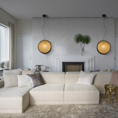 Round Rattan Pendant Light with Black Rim