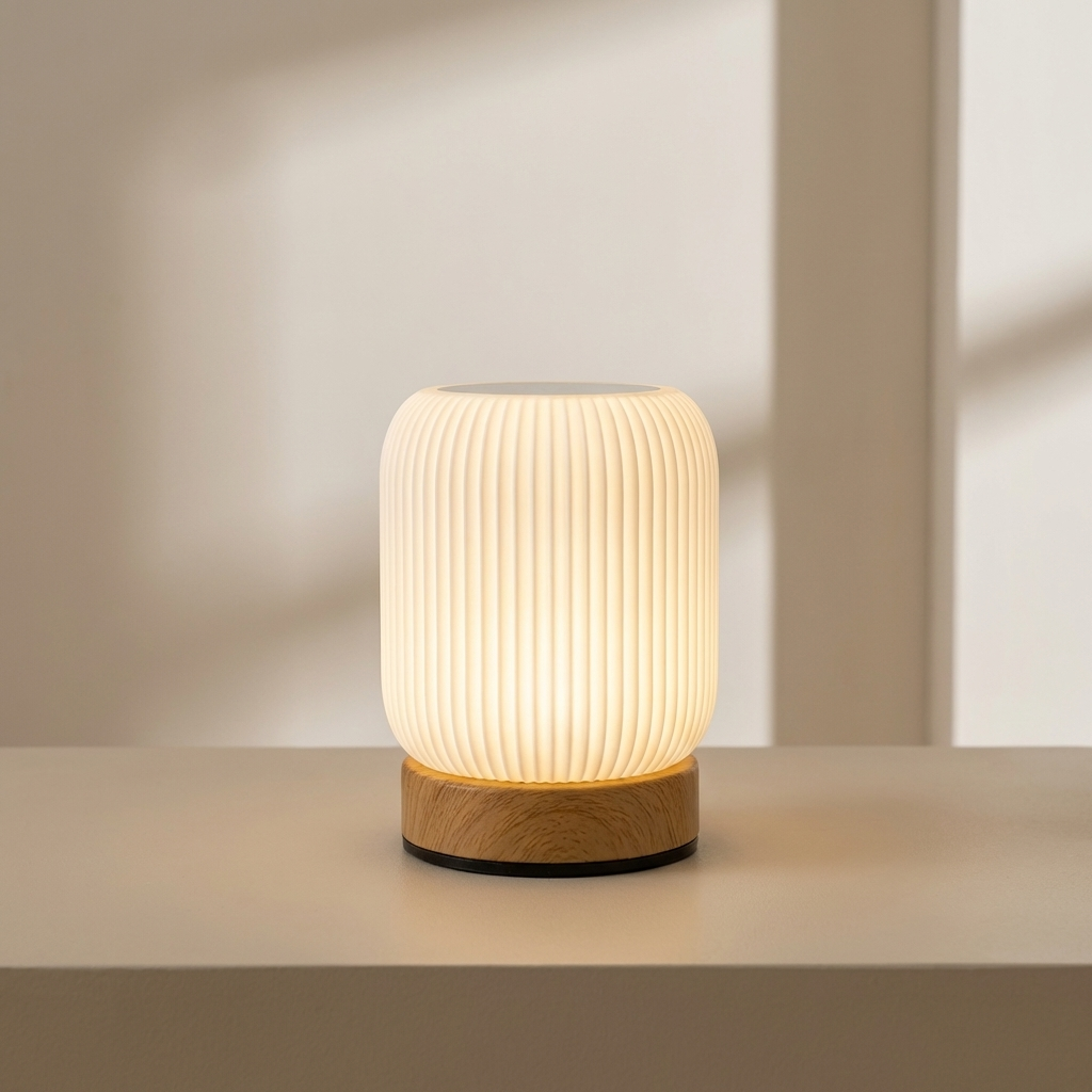 Round LED night light with ribbed shade and iron base