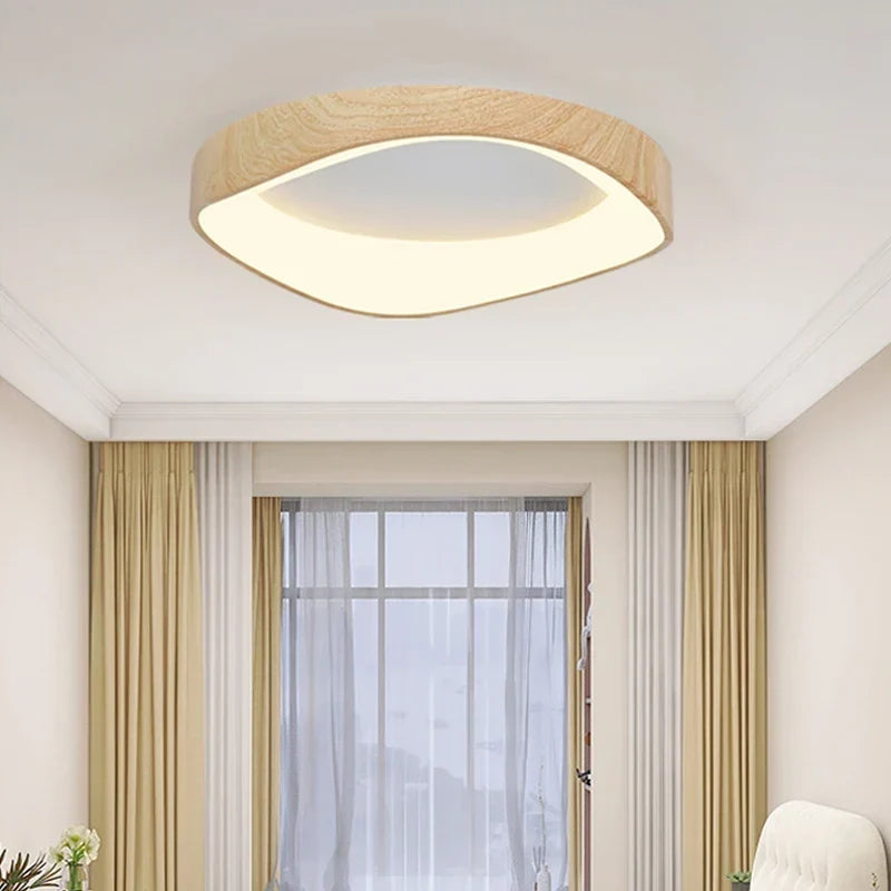 Light wood-effect rounded square LED flush mount ceiling light