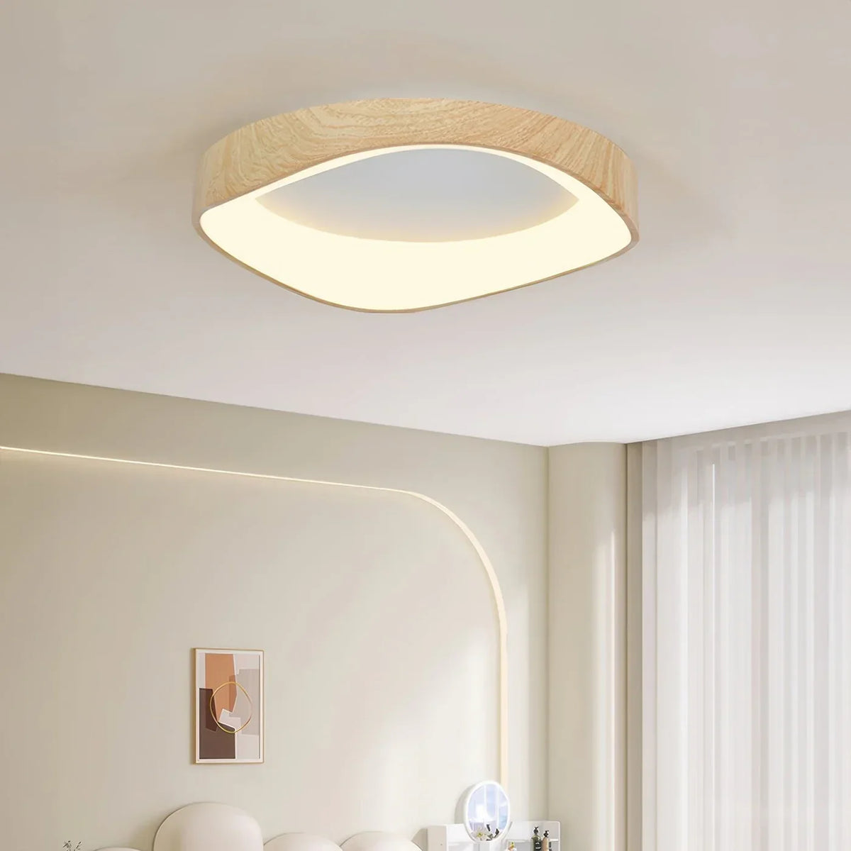 Light wood-effect rounded square LED ceiling light