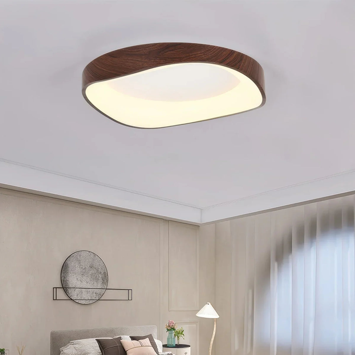 Dark wood-effect LED ceiling light close-up